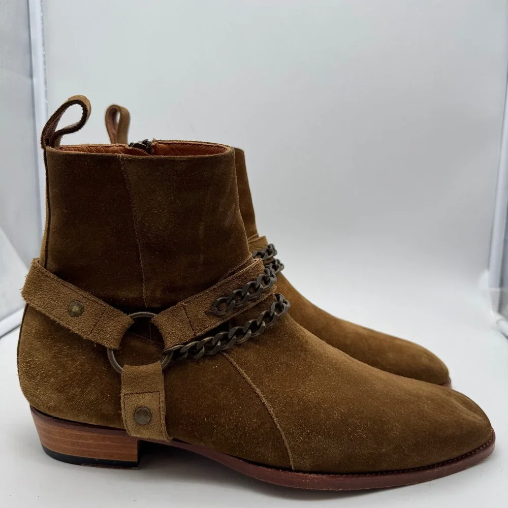 ORO Henrik Harness Boot Las Angeles Size 7 Men Brown Suede Zipper Biker w/ Chain